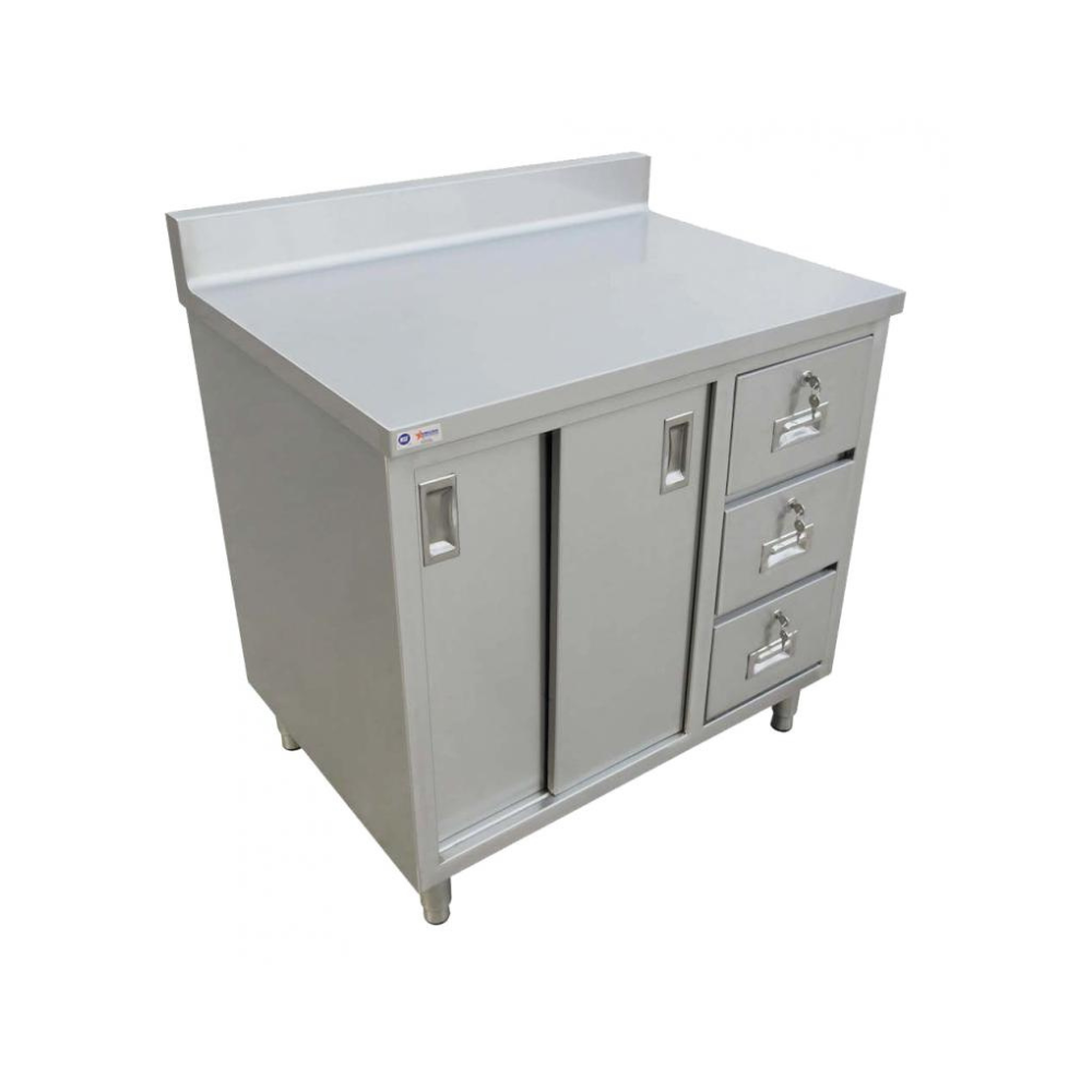 Nella 30" x 48" Stainless Steel Worktable Cabinet with Sliding Doors & Drawers, 6" Backsplash