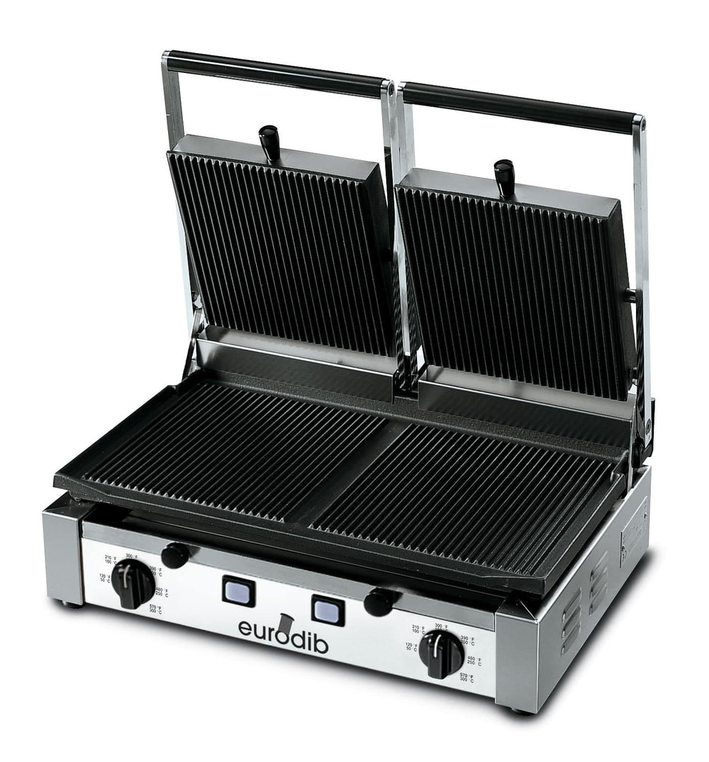 Eurodib 20" x 10" Double Panini Grill with Grooved Top & Smooth Bottom Grill Surface 220V