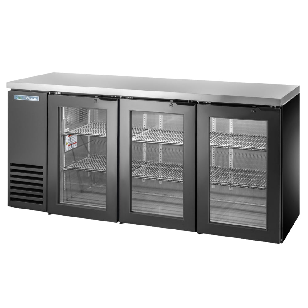 True 72" Back Bar Refrigerator with 3 Glass Swing Doors Single Zone Cooler
