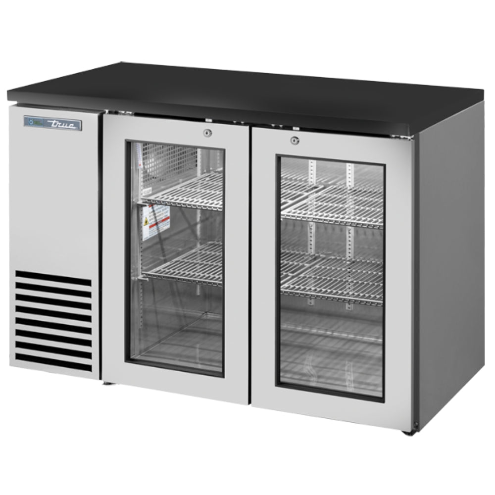 True 48" Back Bar Refrigerator with 2 Glass Doors, Stainless Steel