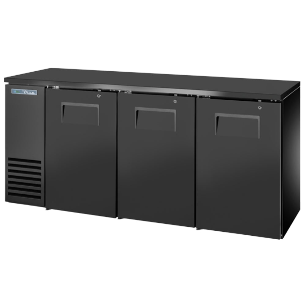 True 72" Back Bar Refrigerator with 3 Solid Doors & Galvanized Top
