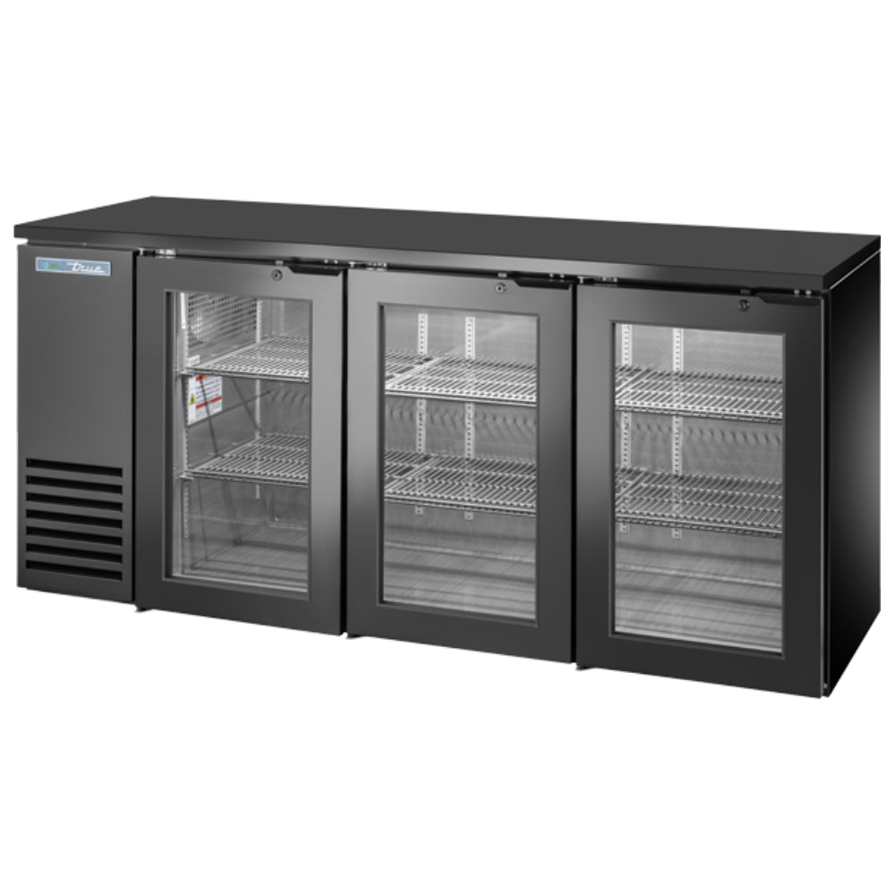 True 72" Back Bar Refrigerator with 3 Glass Doors & Galvanized Top