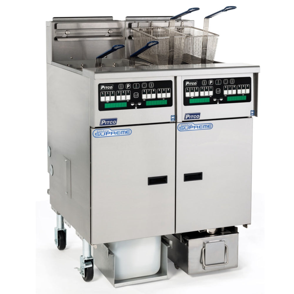 Pitco Solstice Supreme Reduced Oil Volume Floor Fryer System with Auto Top Off & 9" Casters
