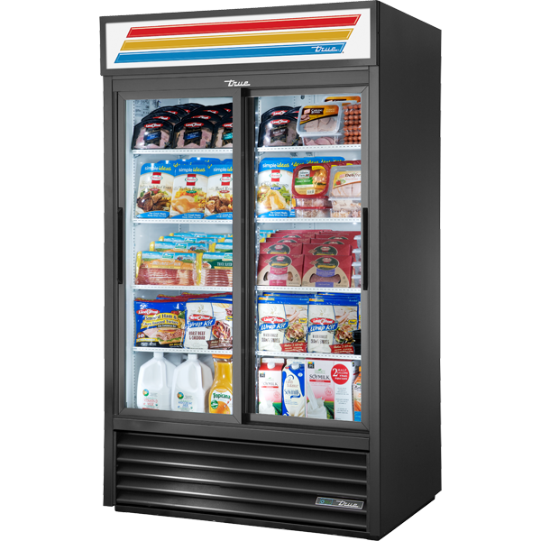 True 47" Merchandiser Refrigerator with 2 Glass Sliding Doors, Black Exterior