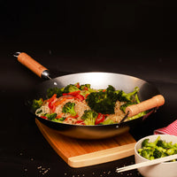 Winco 14" Carbon Steel Joyce Chen Wok With Birch Handles, Round Bottonm