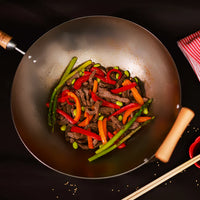 Winco 14" Carbon Steel Joyce Chen Wok With Birch Handles, Flat Bottom