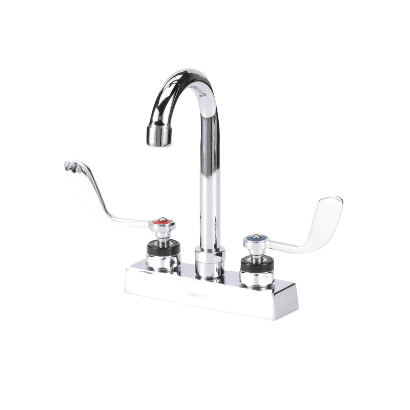 Encore 4" OC Deck Mount Faucet Ceramic Valves, 3-1/2" Rigid Gooseneck Spout, 4" Wrist Blade Handles