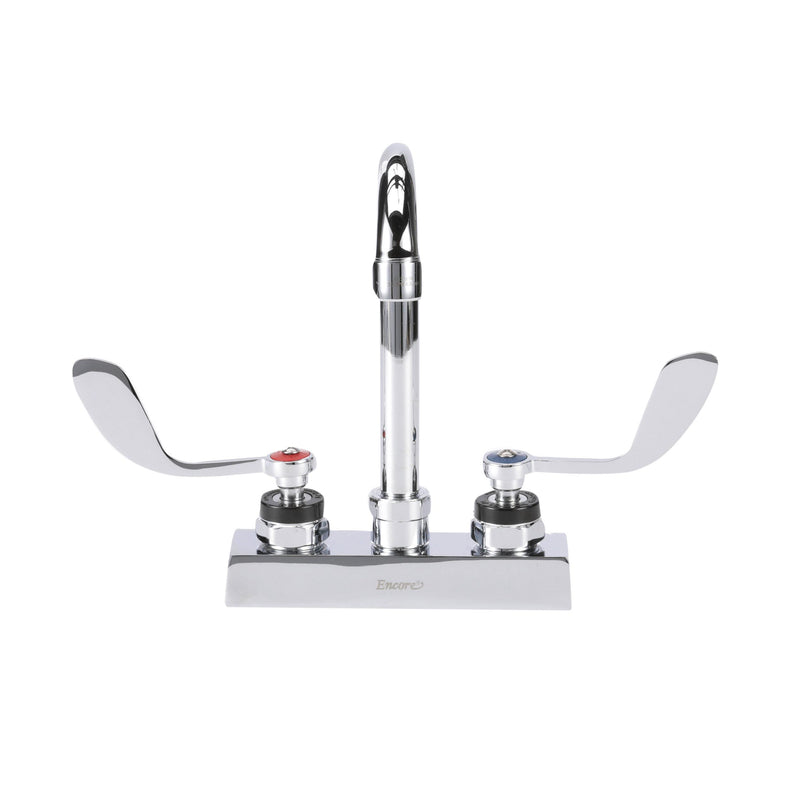 Encore 4" OC Deck Mount Faucet Ceramic Valves, 3-1/2" Rigid Gooseneck Spout, 4" Wrist Blade Handles