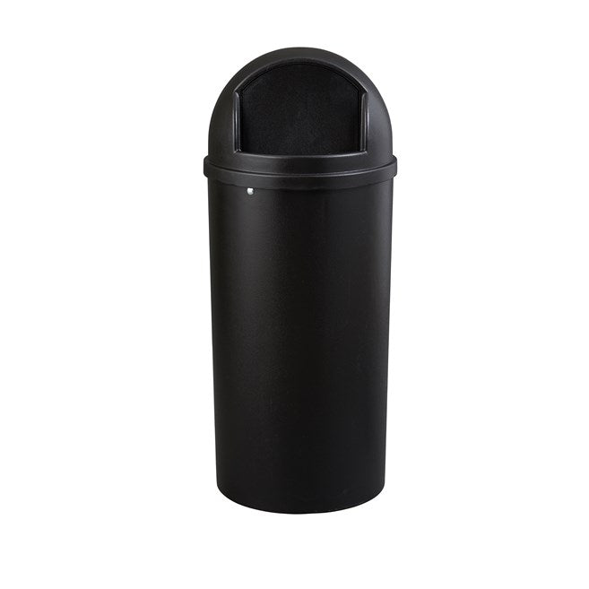 Rubbermaid Marshal Classic 15 Gallon Round Resin Trash Receptacle with Retainer Bands, Black