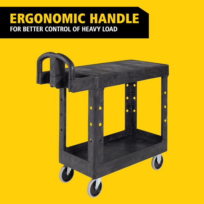 Rubbermaid Two Tier Utility Cart with Ergonomic Handle, Black - 38" x 19.3" x 33.4"