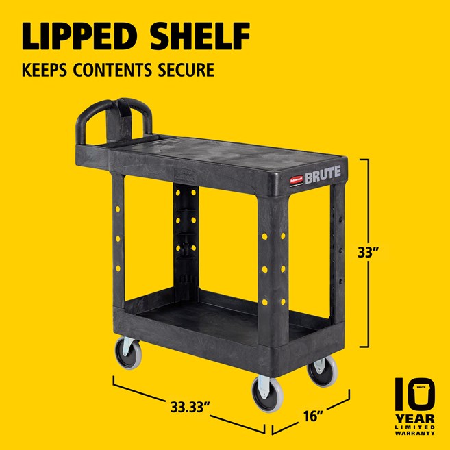 Rubbermaid Two Tier Utility Cart with Ergonomic Handle, Black - 38" x 19.3" x 33.4"