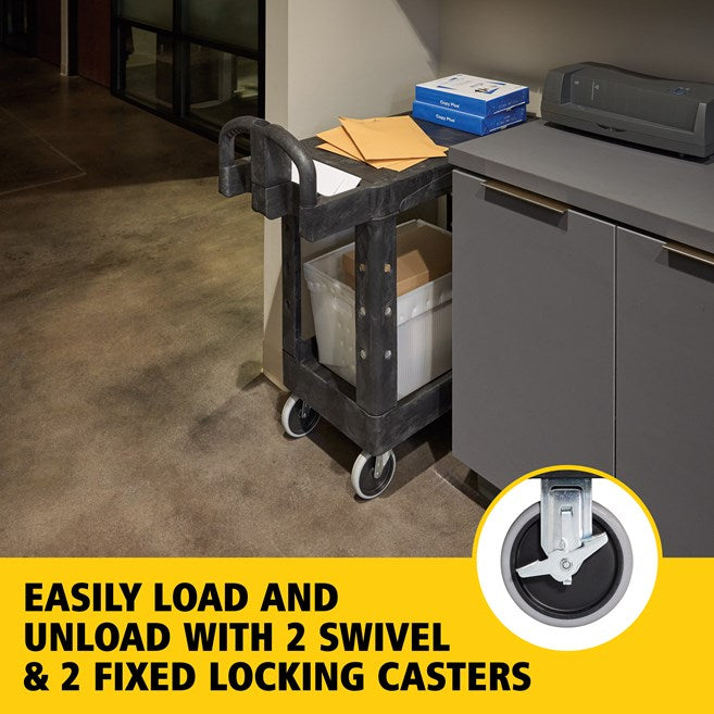 Rubbermaid Two Tier Utility Cart with Ergonomic Handle, Black - 38" x 19.3" x 33.4"