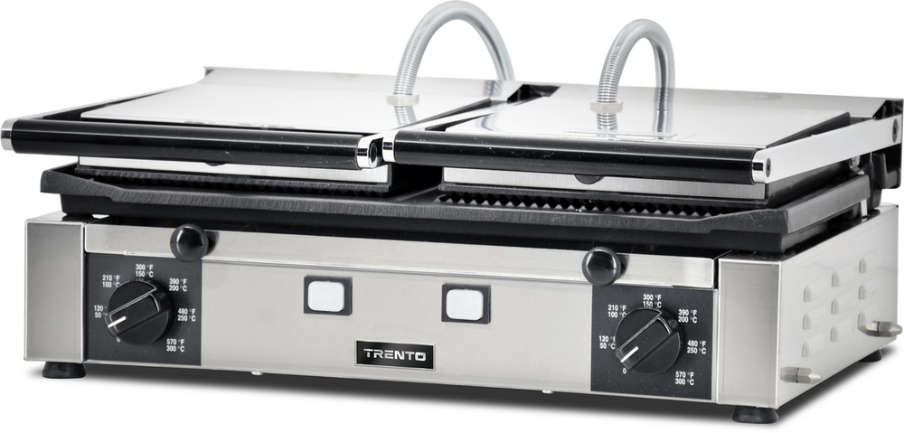 Trento Elite Series 10" x 19" Double Panini Grill Grooved Top & Half Grooved and Smooth Bottom 220V