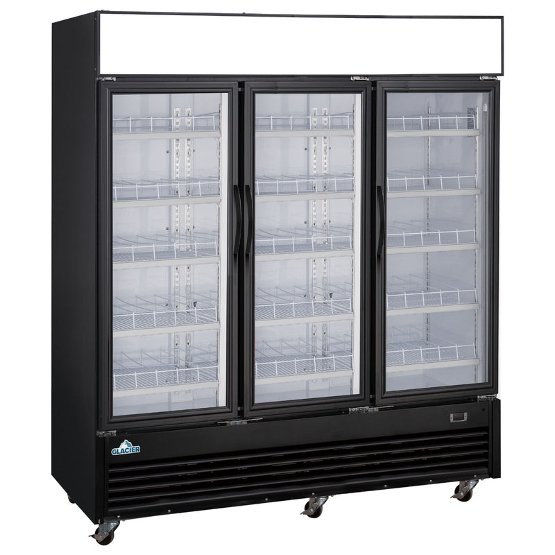 Glacier 78" Merchandiser Refrigerator with 3 Glass Swing Doors, Black Exterior