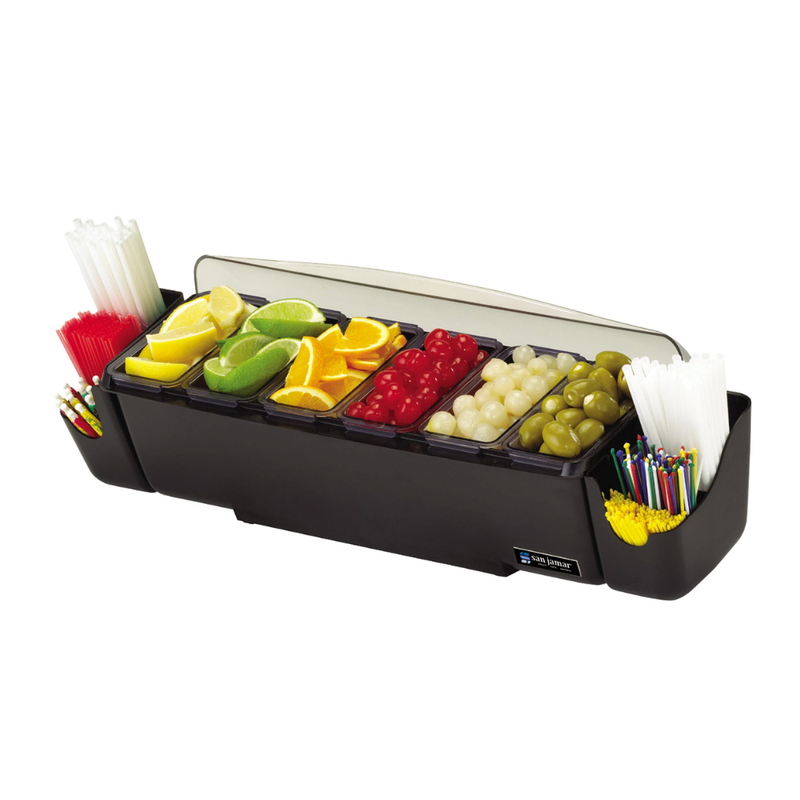 San Jamar The Dome Condiment Bar with 6 Compartments & Snap On Caddies, 20" x 6.8" x 7.1"