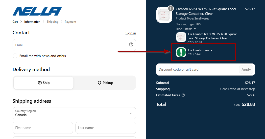 Tariff Checkout Page