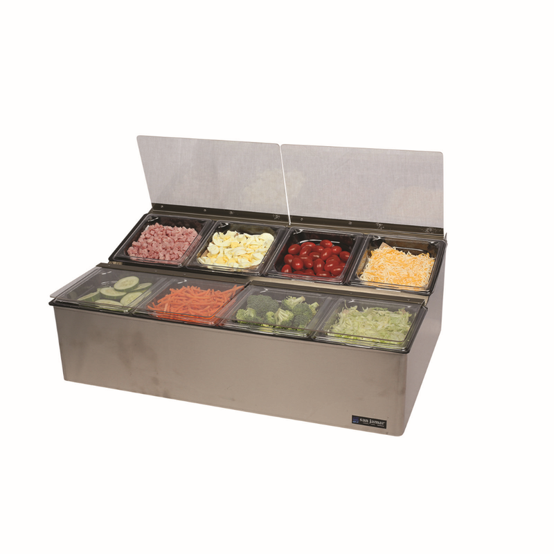San Jamar EZ-Chill Condiment Bar with 8 Compartments, Stainless Steel, 25.3" x 16.5" x 8"