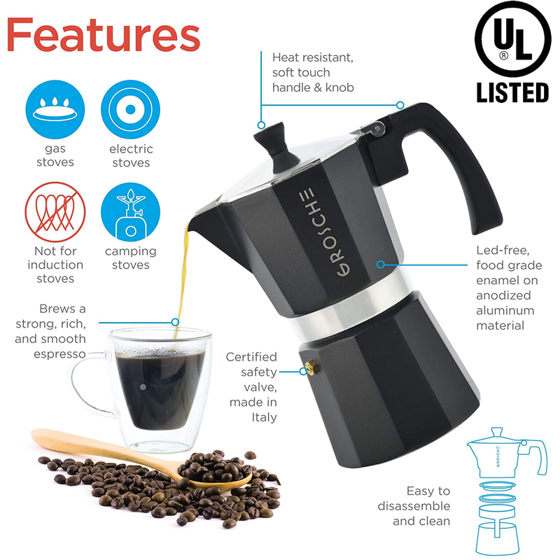 Grosche Milano 6 Cup Stovetop Espresso Maker, Black