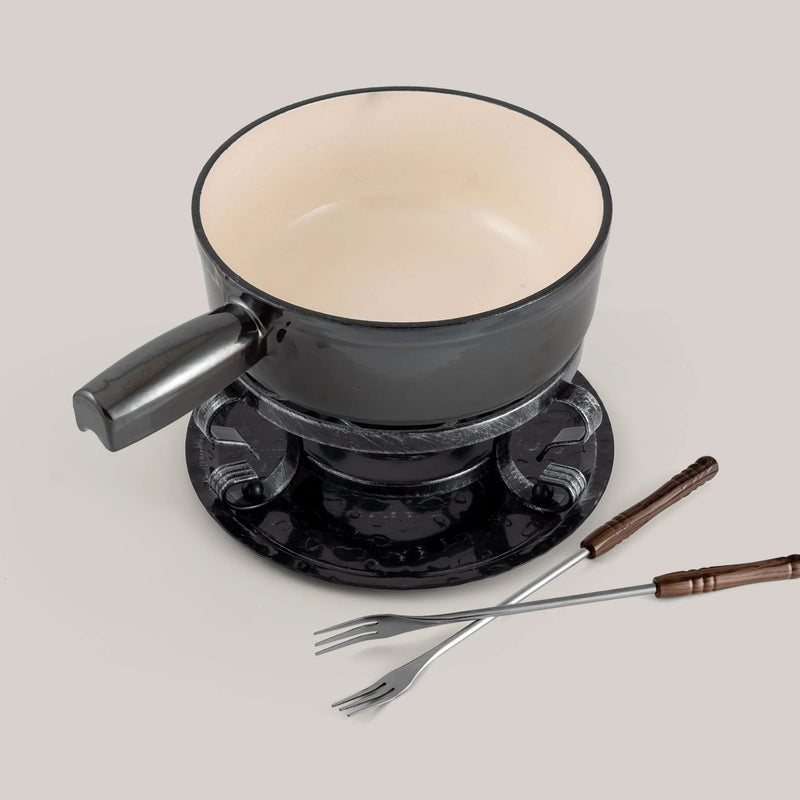 Swissmar Lugano 9 Piece Cast Iron Fondue Set, Metallic Black