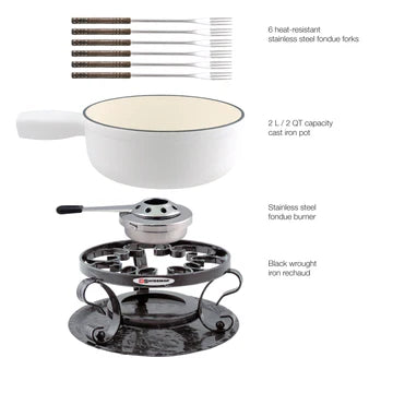 Swissmar Lugano 9-Piece Cast Iron Fondue Set, Matte White