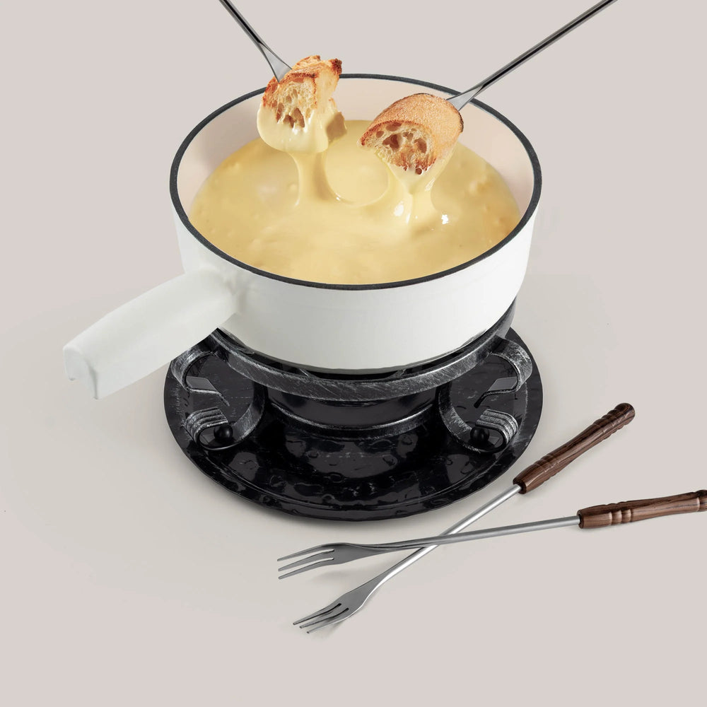 Swissmar Lugano 9-Piece Cast Iron Fondue Set, Matte White