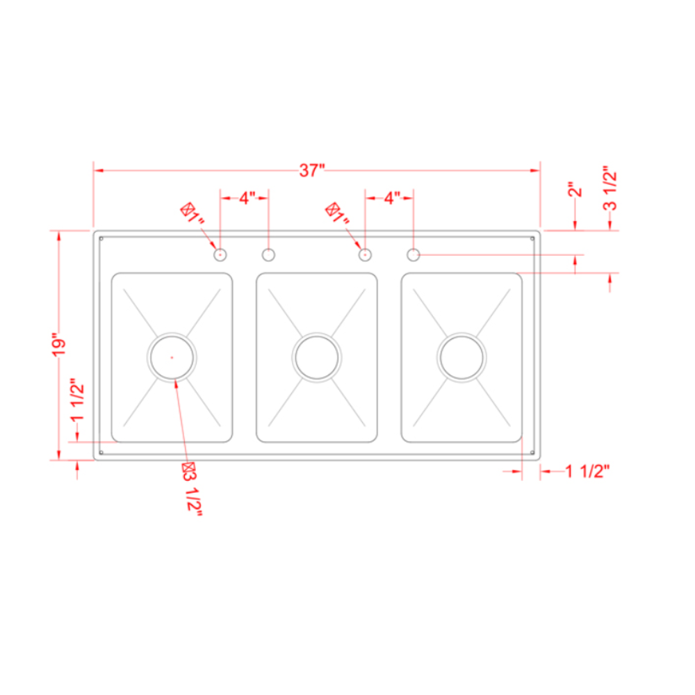 Nella Three Tub Drop In Sink 10" x 14" x 10" with Flat Top