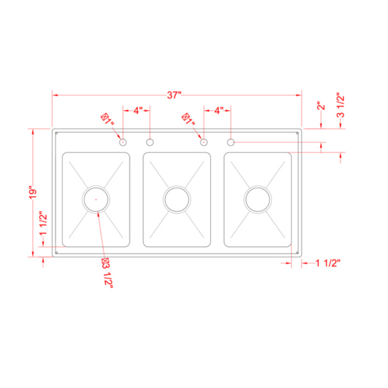 Nella Three Tub Drop In Sink 10" x 14" x 10" with Flat Top