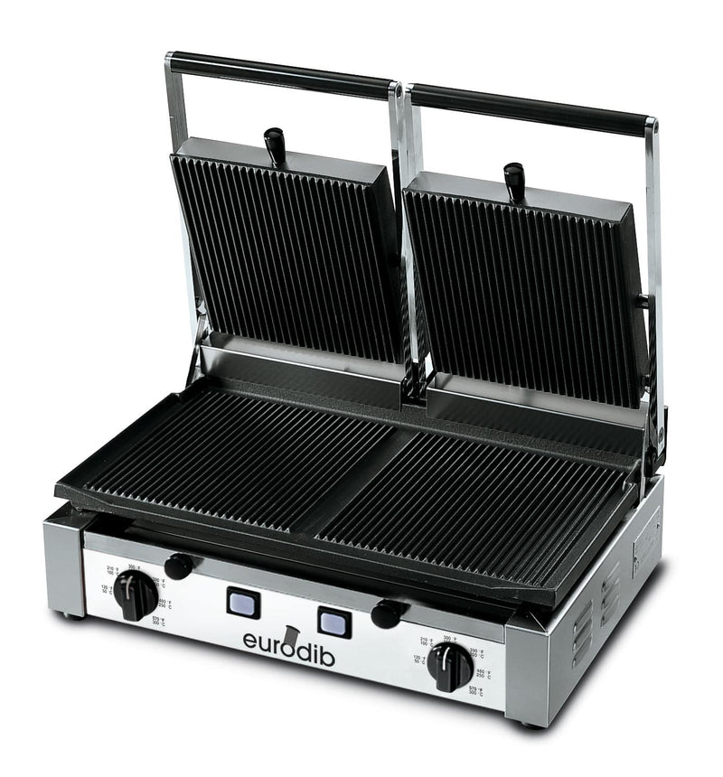 Eurodib 20" x 10" Double Panini Grill with Grooved Top & Smooth Bottom Grill Surface 220V