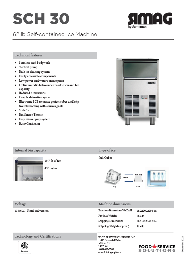 Simag SCH30 62 lb Full Cube Undercounter Ice Machine, 15