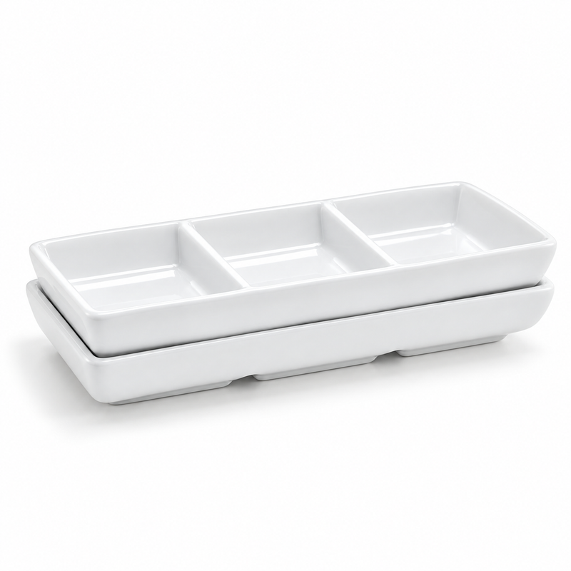 Front Of The House 6" x 2.5" Three Compartment Rectangle Dish, 1 Oz /Compartment, White 12 /Case