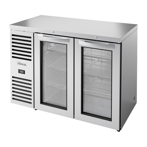 True 48" Back Bar Refrigerator with 2 Glass Doors & Right Compressor, Stainless Steel
