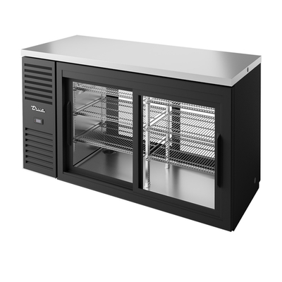 True 60" Back Bar Refrigerator with 2 Glass Doors & Black Countertop
