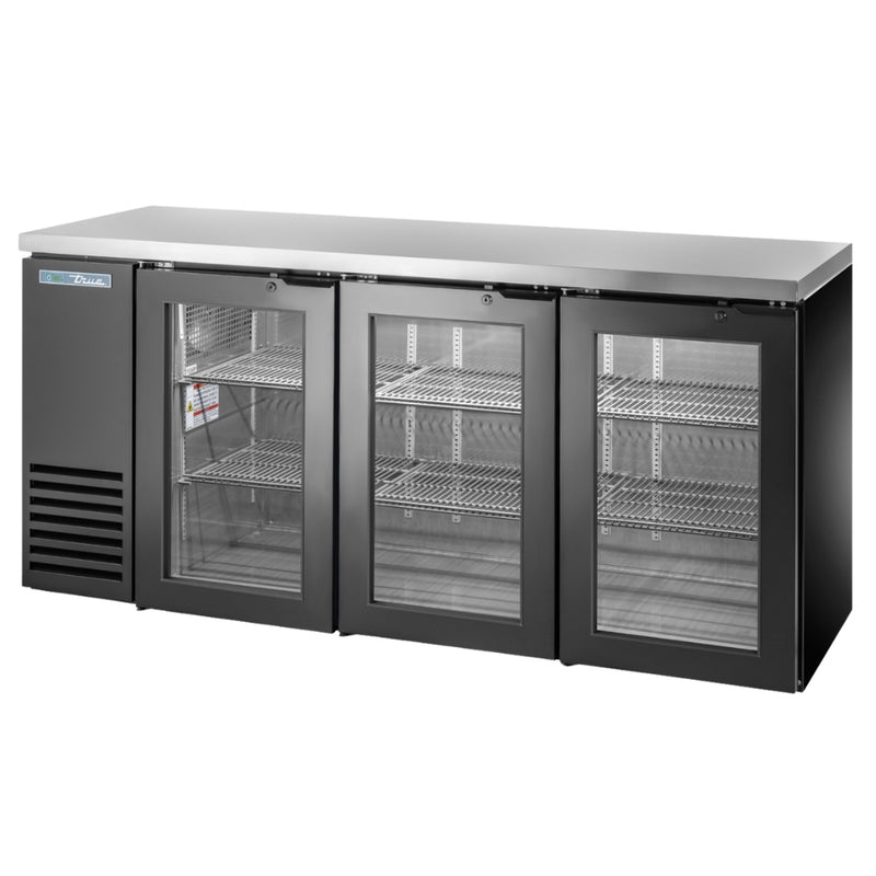 True 72" Back Bar Refrigerator with 3 Glass Swing Doors Single Zone Cooler