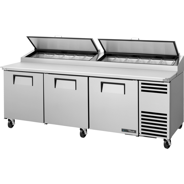 True 93" Refrigerated Pizza Prep Table with 3 Doors