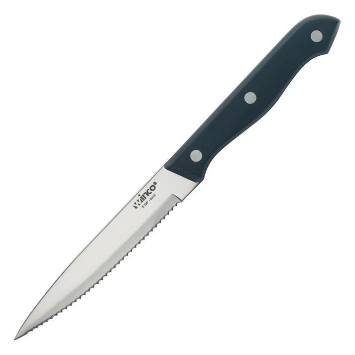 Winco 5" Pointed Tip Steak Knife, Black Handle