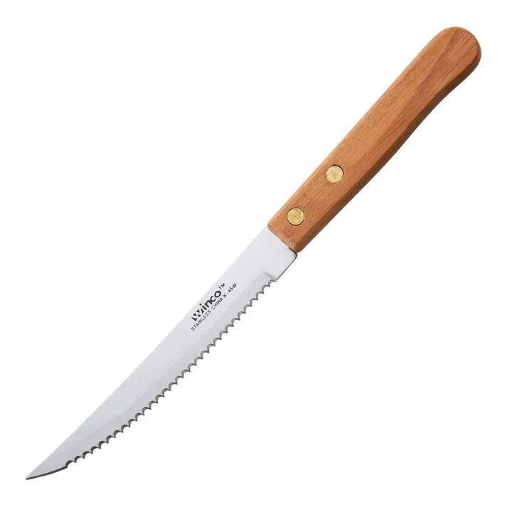 Winco 4.5" Pointed Tip Steak Knife, Wooden Handle