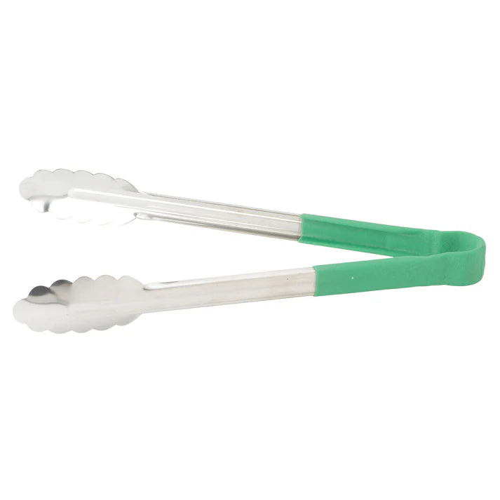 Winco 12" Utility Tongs, Green Handle, Heat Resistant
