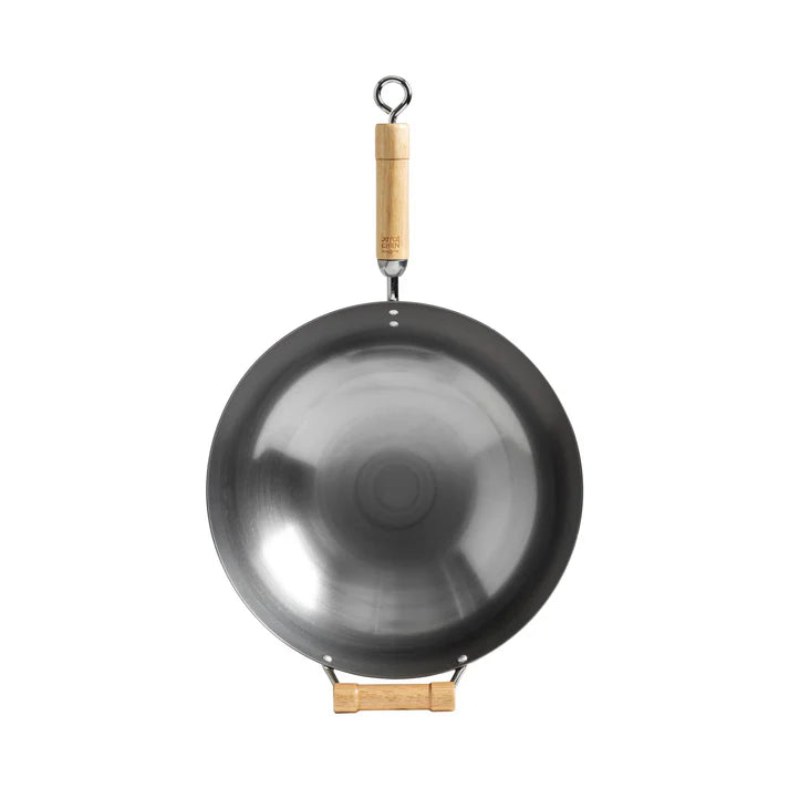 Winco 14" Carbon Steel Joyce Chen Wok With Birch Handles, Round Bottonm