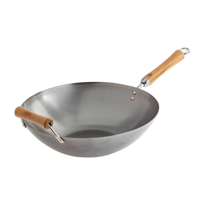 Winco 14" Carbon Steel Joyce Chen Wok With Birch Handles, Flat Bottom