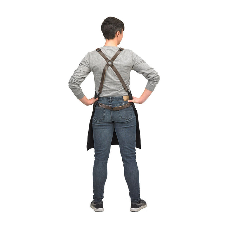 Mercer Culinary Renegade Bib Apron Black Denim with Brown Leather Straps - M63208DENBR