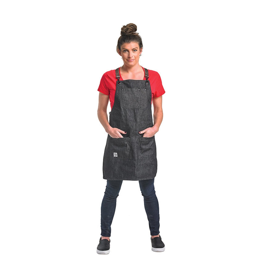 Mercer Culinary Renegade Bib Apron Black Denim with Brown Leather Straps - M63208DENBR