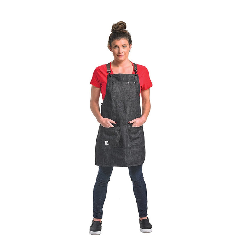 Mercer Culinary Renegade Bib Apron Black Denim with Brown Leather Straps - M63208DENBR