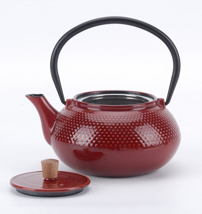 Minimal 20Oz Red Enameled Cast Iron Tea Pot Dot Pattern