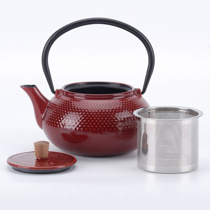 Minimal 20Oz Red Enameled Cast Iron Tea Pot Dot Pattern