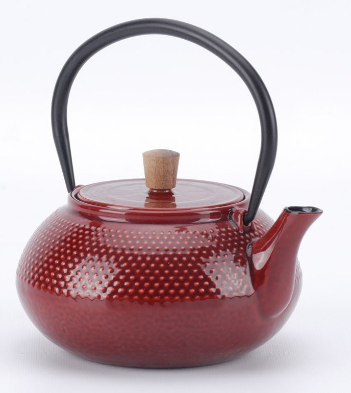 Minimal 20Oz Red Enameled Cast Iron Tea Pot Dot Pattern