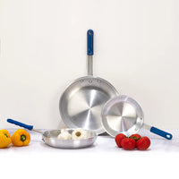 Winco Gladiator 10" Fry Pan with Blue Silicone Sleeve, Aluminum, Natural Finish